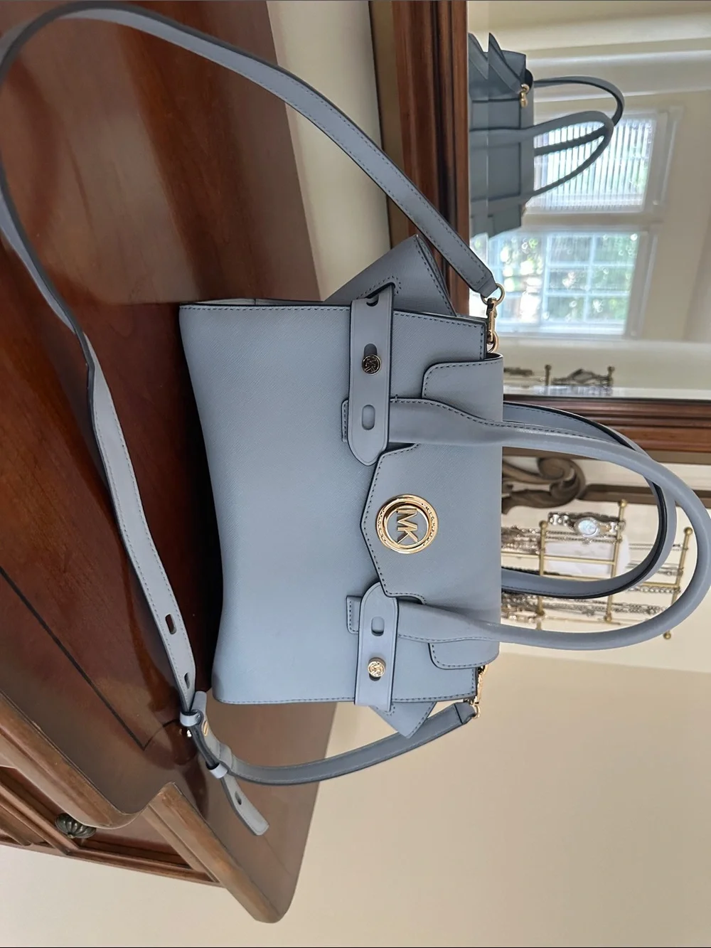 Michael Kors Powder Blue Saffiano Leather Satchel with Gold Hardware